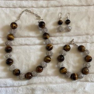 Tigerseye 950 silver necklace bracelet earrings set